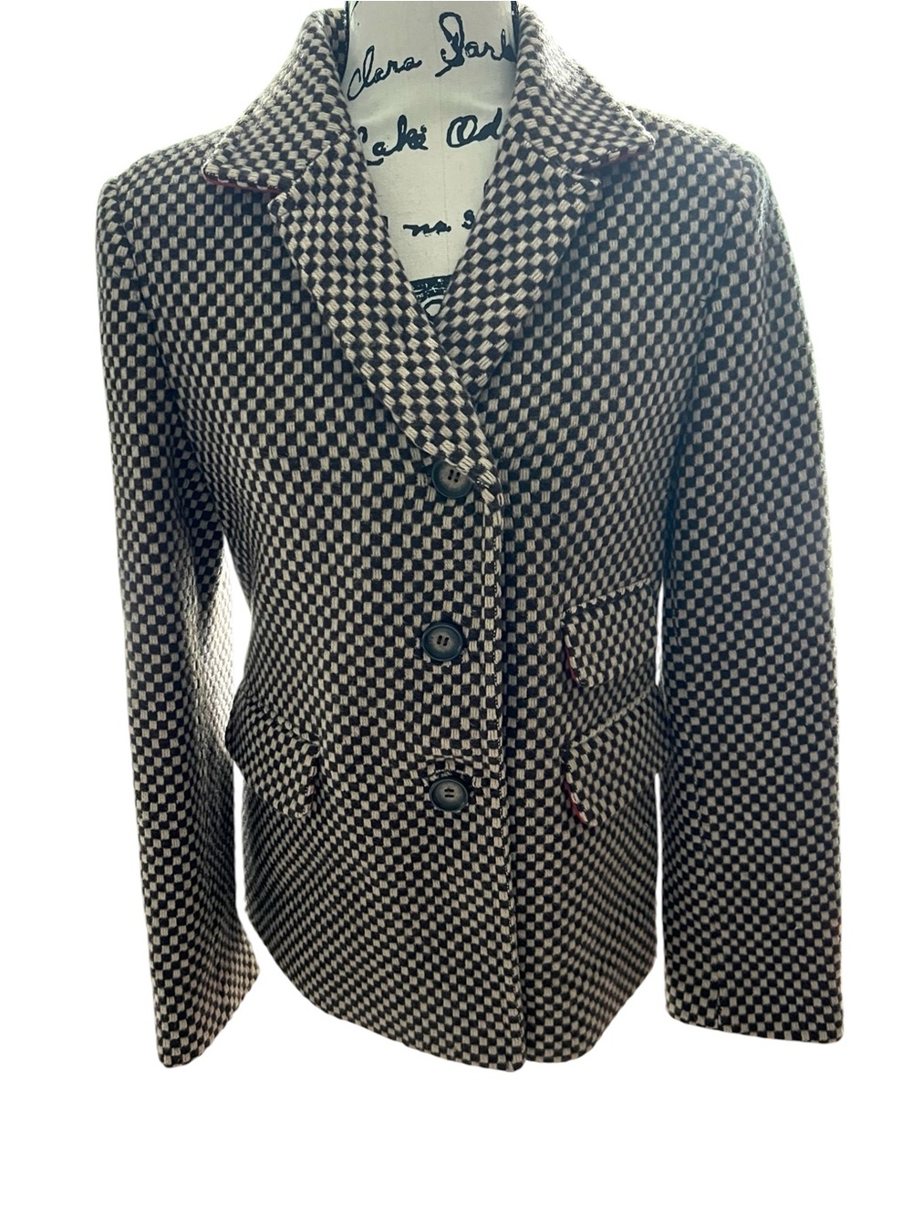 Vintage 90s Kenar Tweed Blazer Brown Cream Checked Red Undercollar 90s It Girl